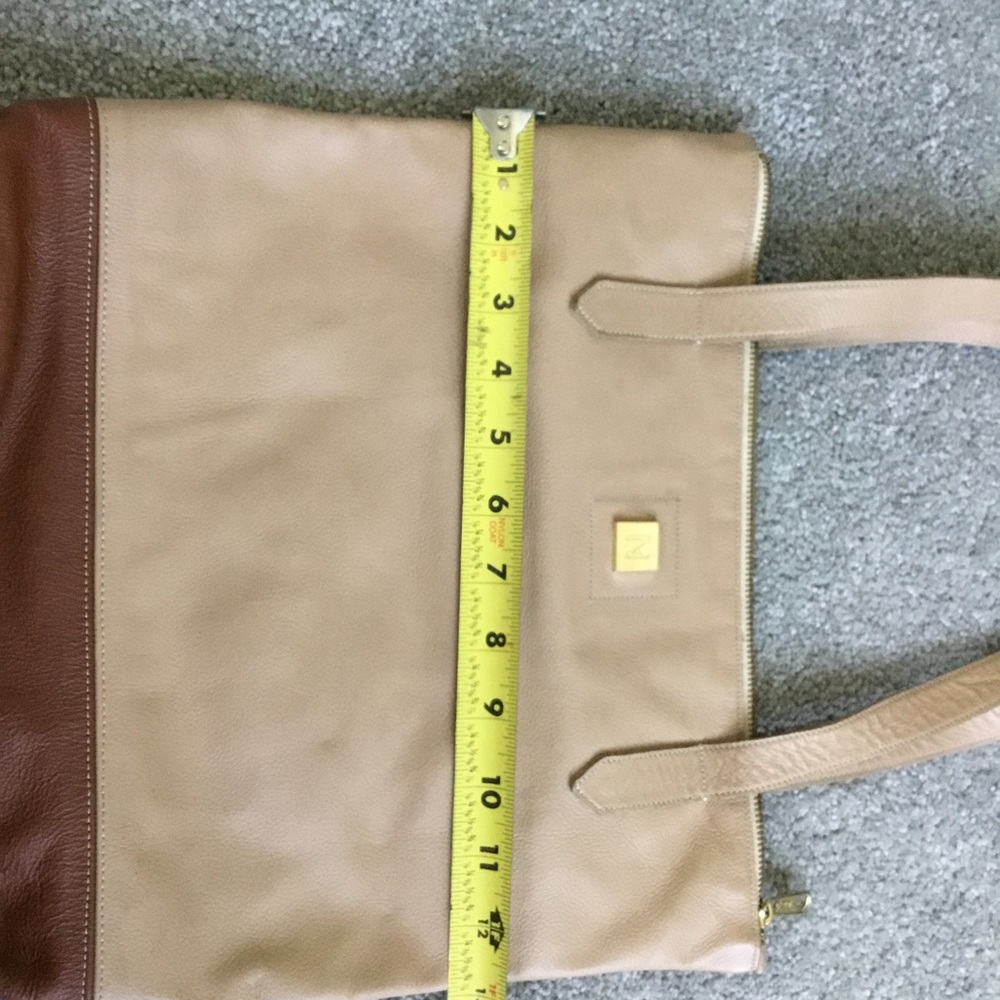 NELLY O “Leather” Purse Cream & Tan great fabric interior pinks/yellow/orange. - Picture 5 of 6